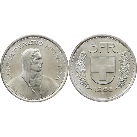 SUIZA 5 FRANCOS 1966 B GUILLERMO TELL y ESCUDO KM.40 MONEDA DE PLATA SC Switzerland 5 Francs silver