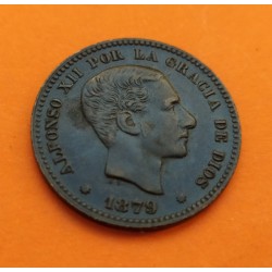 ESPAÑA Rey ALFONSO XII 5 CENTIMOS 1879 OM REY y ESCUDO KM.674 MONEDA DE BRONCE EBC- @RARA ASI@ Spain