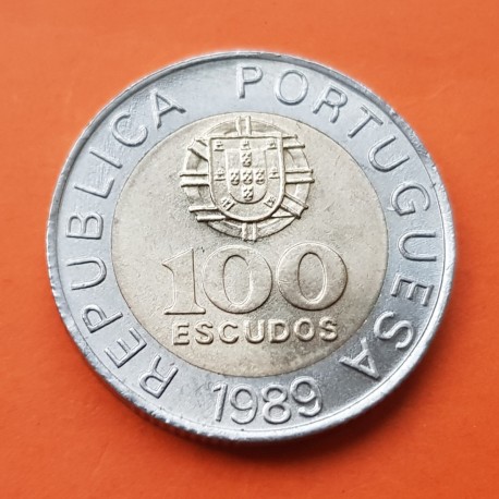 PORTUGAL 100 ESCUDOS 1989 PEDRO NUNES CON GLOBO TERRAQUEO KM.645 MONEDA BIMETALICA SC-