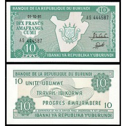 BURUNDI 10 FRANCOS 1991 FILIGRANA Y ESCUDO Pick 33B BILLETE SC Africa UNC BANKNOTE 10 Francs Amafranga