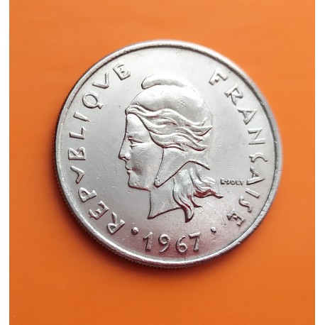 POLINESIA FRANCESA 20 FRANCOS 1967 DAMA ABORIGEN y FRUTOS KM.6 MONEDA DE NICKEL mbc + Polynesie Francaise